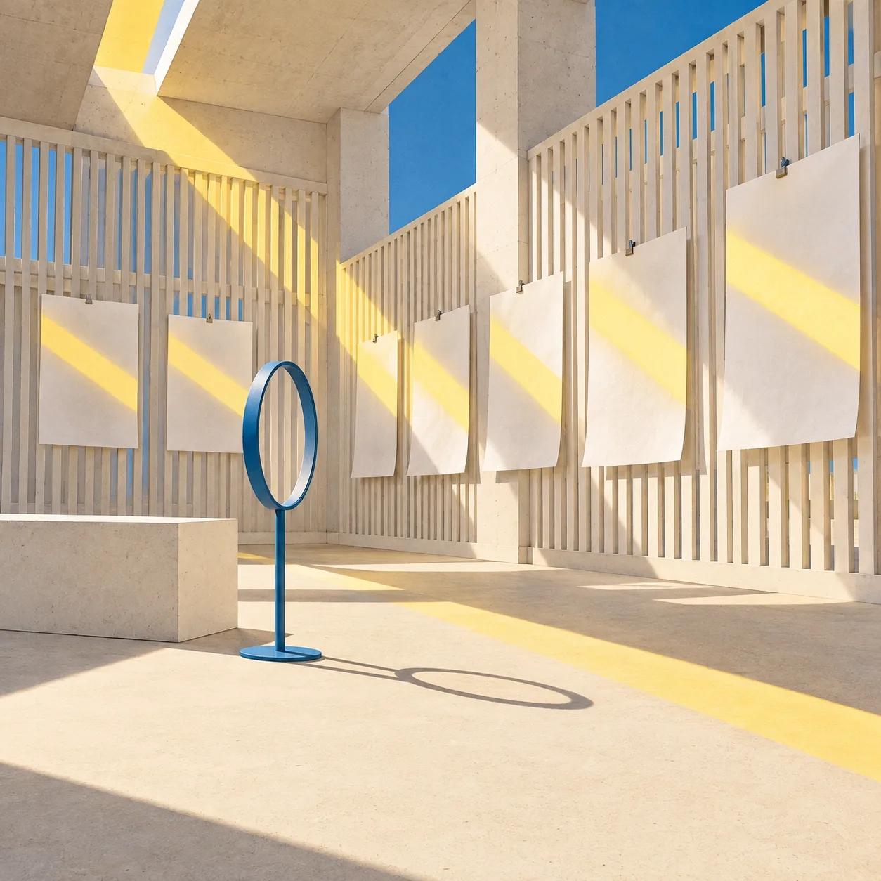 Sunlit open-air concrete room with blank paper sheets clipped to slatted walls, diagonal bands of yellow light across them, and a blue ring on a stand in the foreground