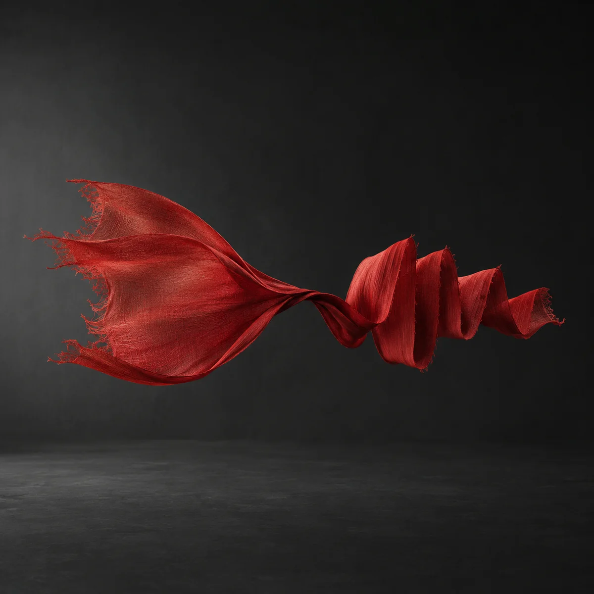 A red fabric ribbon opens into a broad sail and deep pleated folds against a charcoal background