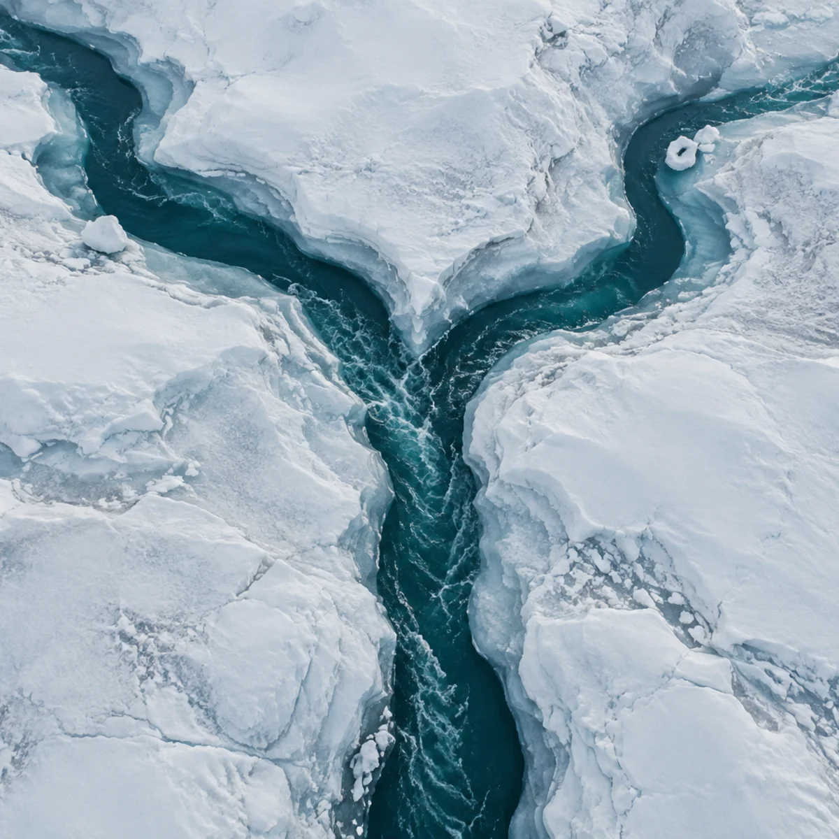 Two dark teal glacial streams converge into one channel between textured white and pale blue ice banks, seen from directly above