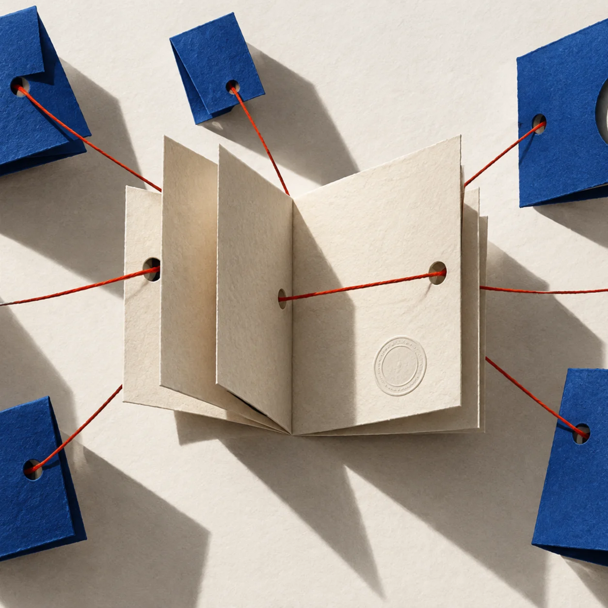 An open paper folio connected by red thread to folded blue paper pieces on an ivory field