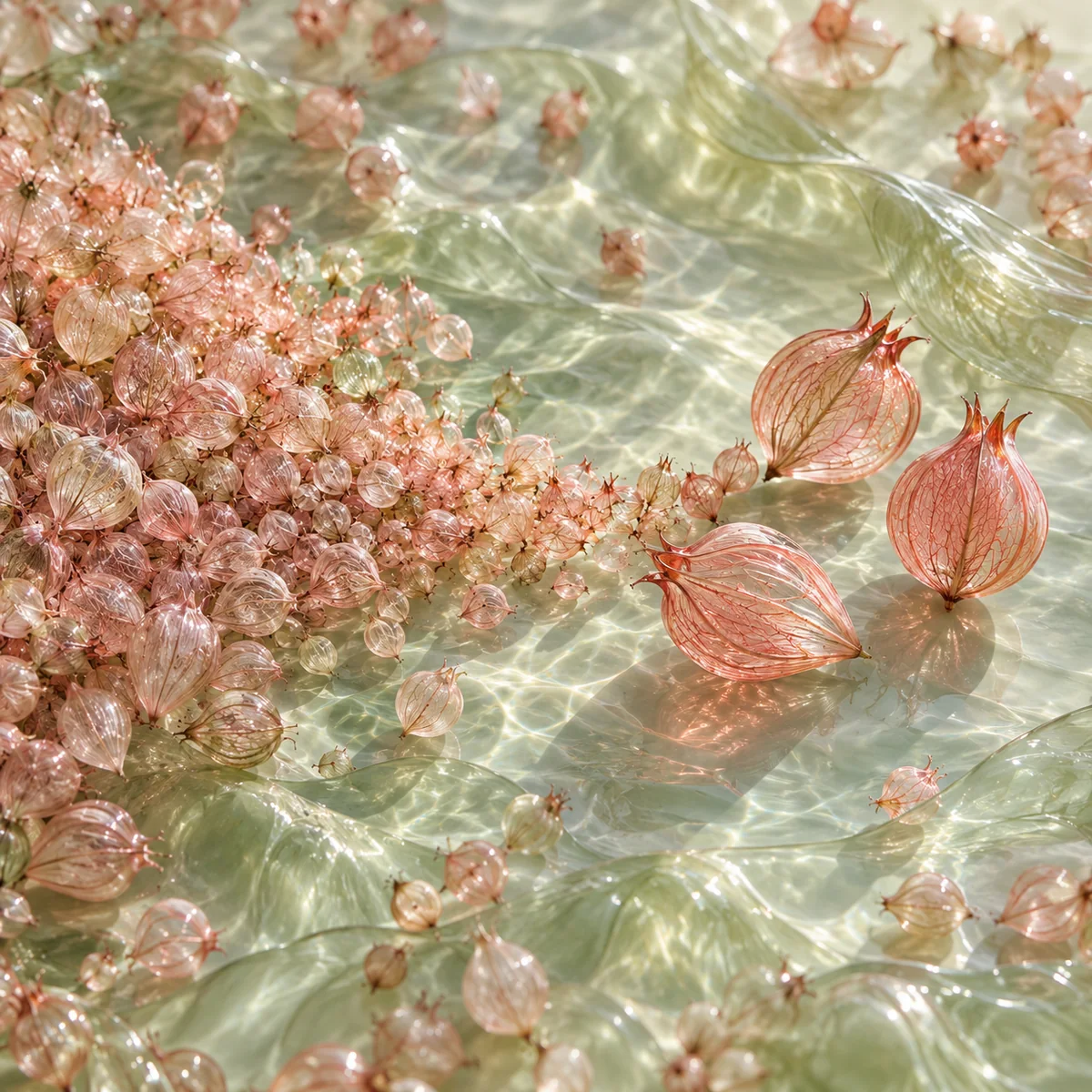A dense cluster of tiny pink glass seedpods narrows toward three larger coral pods on a rippled sage-green surface.